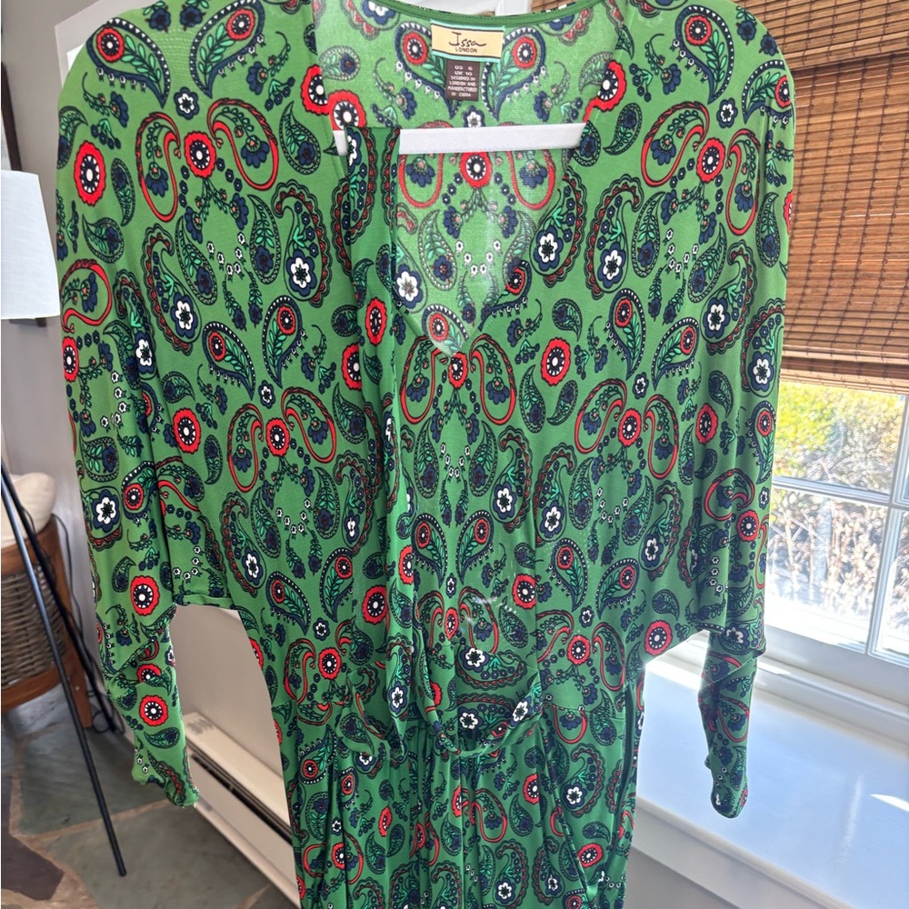 Issa London Green Paisley Print Dress with Red & Black Accents